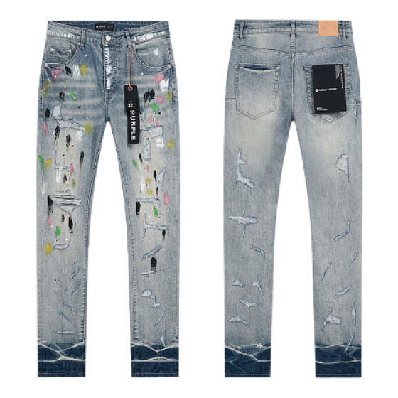 Light Blue Washed Slim Denim Jeans with Multicolor Paint Splatter and Multi-Rip Distressing